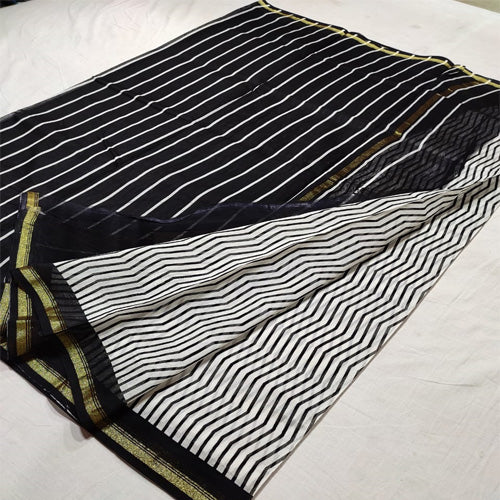 Black & white10 print Chanderi cotton silk saree with hand block print