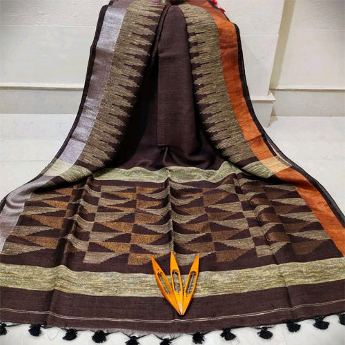 Brown colour pure linen karat par saree with bp