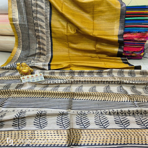 Yellow body with cream & black border tusar ghicha saree - Sarikart Online