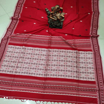 Red color khadi cotton jamdani saree with bp