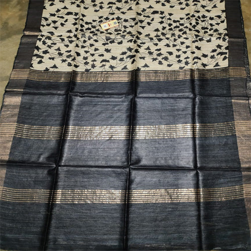 Cream body with black1 border tusar ghicha saree - Sarikart Online