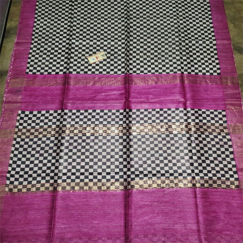 White & black body with pink border tusar ghicha saree - Sarikart Online