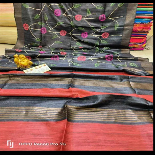 Black body with coffee border tusar ghicha saree - Sarikart Online