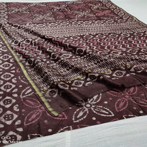 Coffee brown double dabu print Chanderi cotton silk saree with hand block print