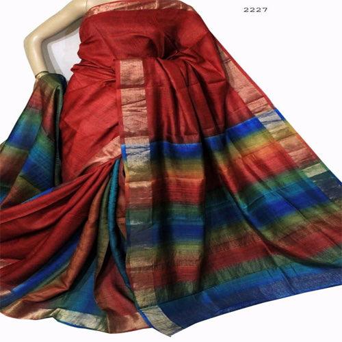 Red body with multi border tusar ghicha saree - Sarikart Online