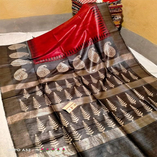 Red body with brown border tusar ghicha saree - Sarikart Online