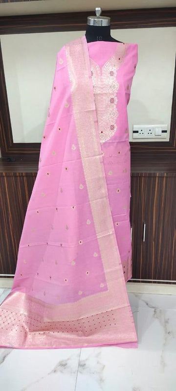 Light pink base color unstiched mulberry benarasi cotton 3 pcs suit