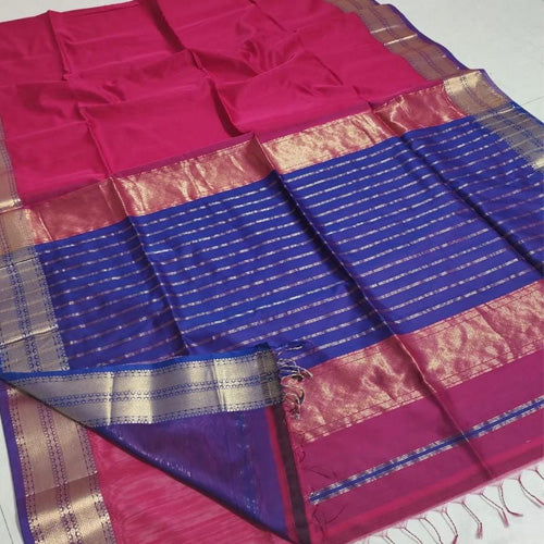 Magenta color with blue zari stripe pallu maheshwari saree