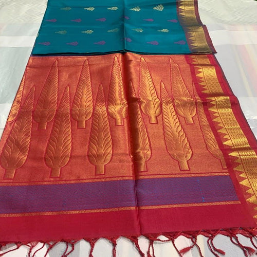 Soft Silk Saree Blue with Orange & Golden Pallu - Sarikart Online