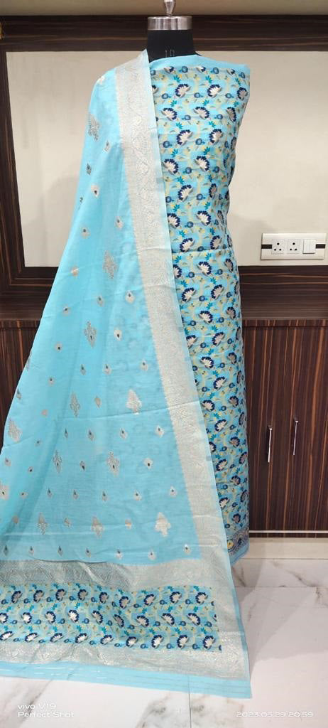 Sky blue color unstiched mulberry benarasi cotton 3 pcs suit