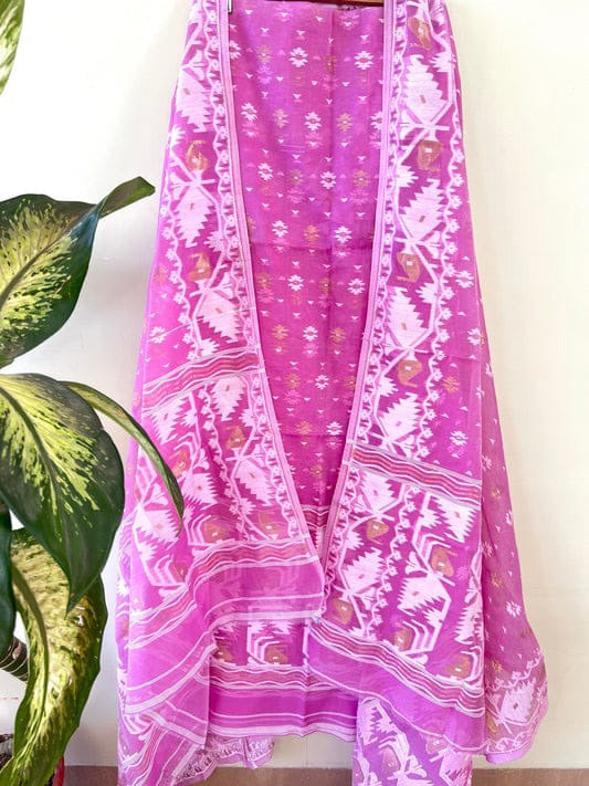 Stunning Pink Cotton Jamdani Suit Set with Intricate Handwoven Patterns and Matching Dupatta – Perfect for All Occasions