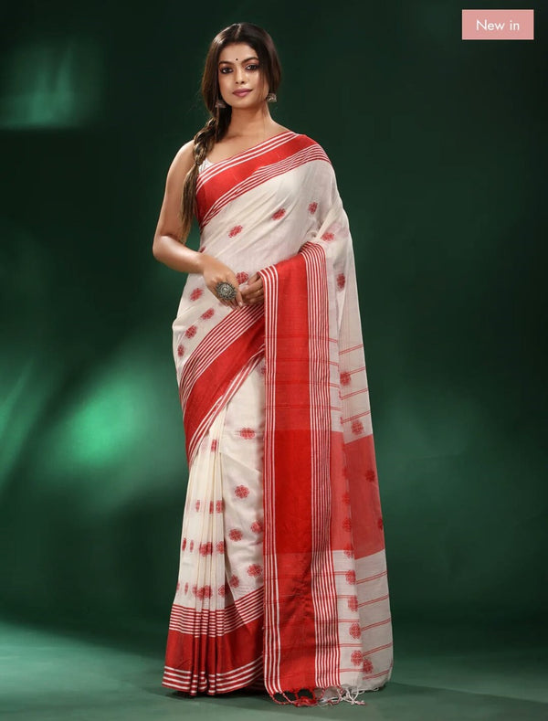 White & Red color khadi cotton saree