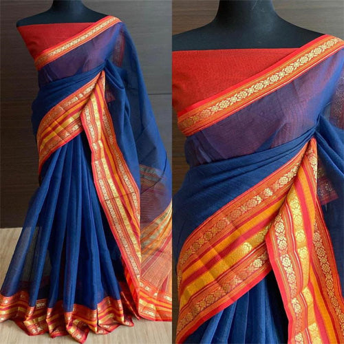 Royal blue with Banarasi border handloom saree with bp