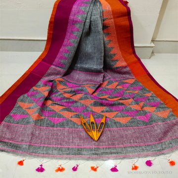 Grey color pure linen karat par saree with bp