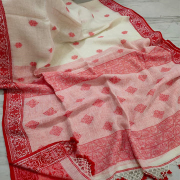 White & red color linen Jamdani