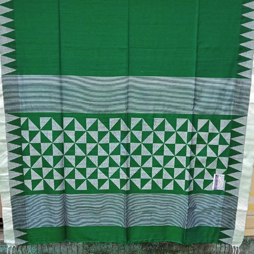 Handloom Cotton Jamdani Saree Green With White Border - Sarikart Online