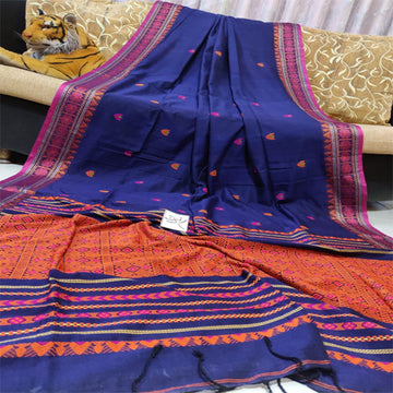 Royal Blue color khadi cotton jamdani saree with bp
