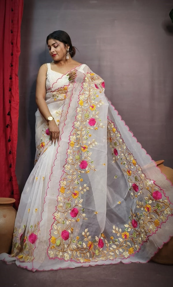 White color organza embroidery saree