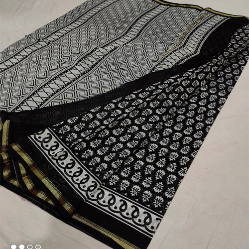 Black & white floral print Chanderi cotton silk saree with hand block print