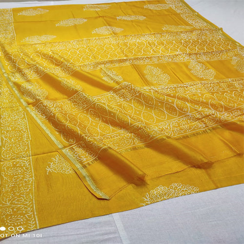 Mustard1 color dabu print Chanderi cotton silk saree with hand block print