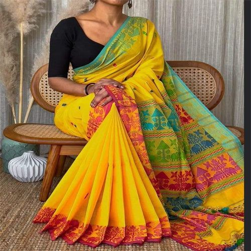 Yellow color Khadi handloom cotton saree - Sarikart Online