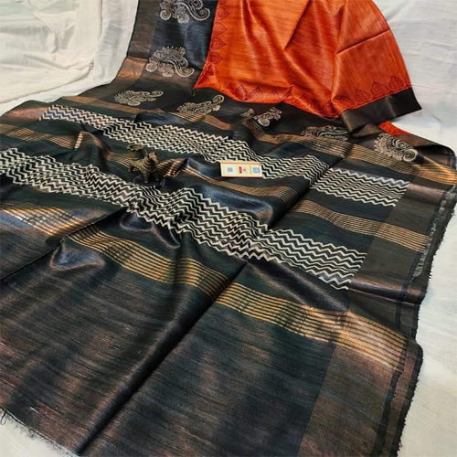 Orange Ghicha with black border & pallu - Sarikart Online