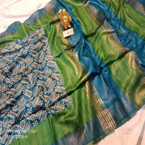 Blue body with blue & green border tusar ghicha saree - Sarikart Online