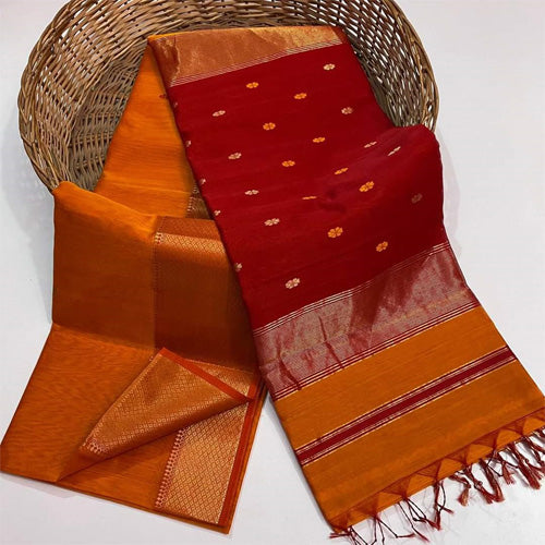 Orange color saree with flower buti work red pallu with golden zari border