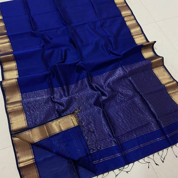 Royal blue color saree with zari border & pallu