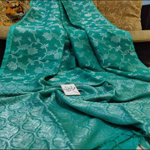 Teal green pure organic linen benarasi saree