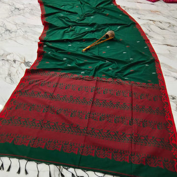 Bottle Green Base with Red colour pallu jamdani saree