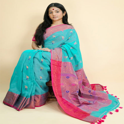 Sky Blue pure mercerized cotton saree with bp - Sarikart Online