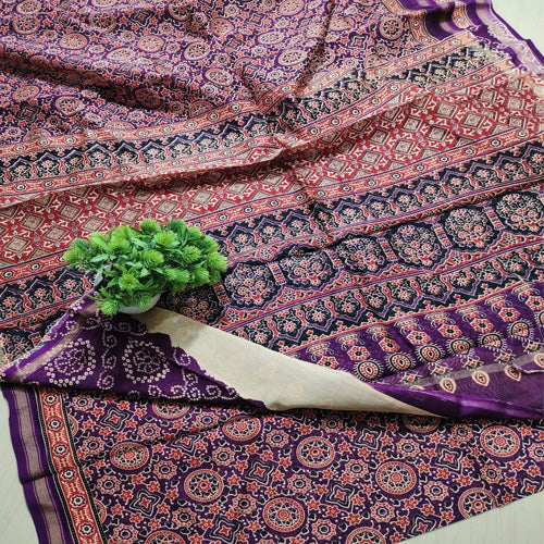 Purple base ajrakh print Chanderi cotton silk saree