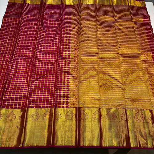 Magenta color kanjivaram handloom checks design bridal silk saree