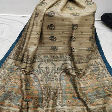 Cream Ghicha with blue contrasting Border and printed Pallu