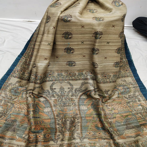 Cream Ghicha with blue contrasting Border and printed Pallu - Sarikart Online