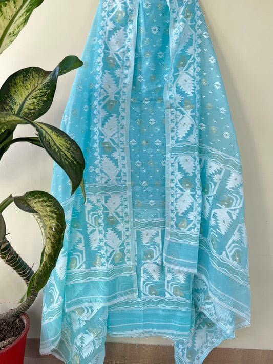 Stunning Blue Cotton Jamdani Suit Set with Handwoven Intricate Patterns and Matching Dupatta - Perfect for All Occasions