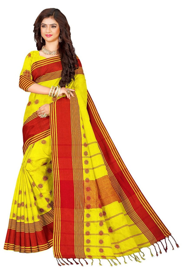 Yellow & Red color khadi cotton saree