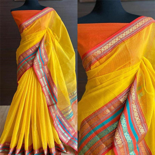 Yellow with Banarasi border handloom saree with bp