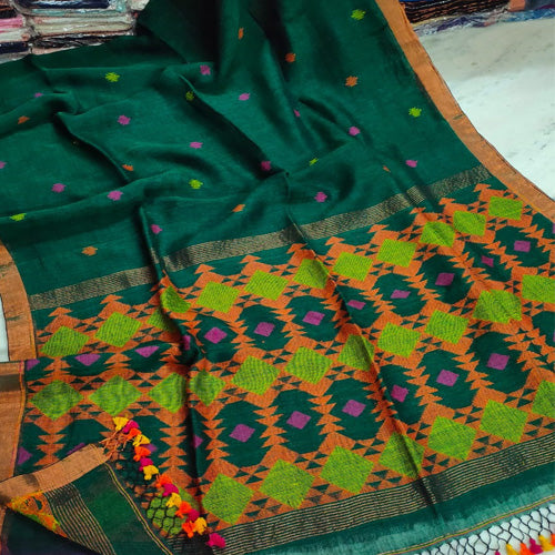 Bottle green color linen Jamdani saree