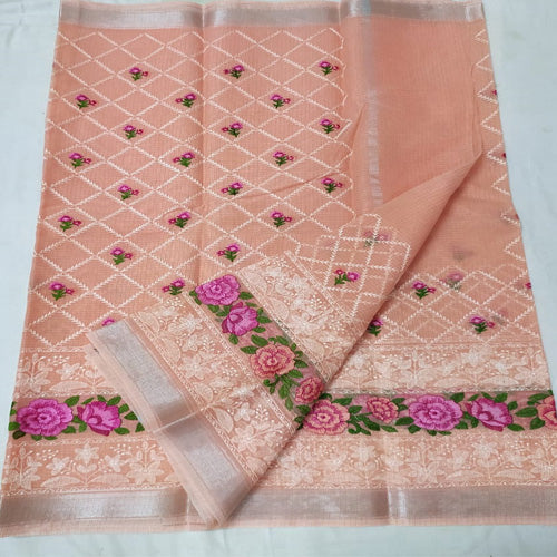 Peach color Kota doria embroidery saree