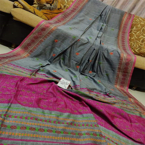 Grey color khadi cotton jamdani saree with bp