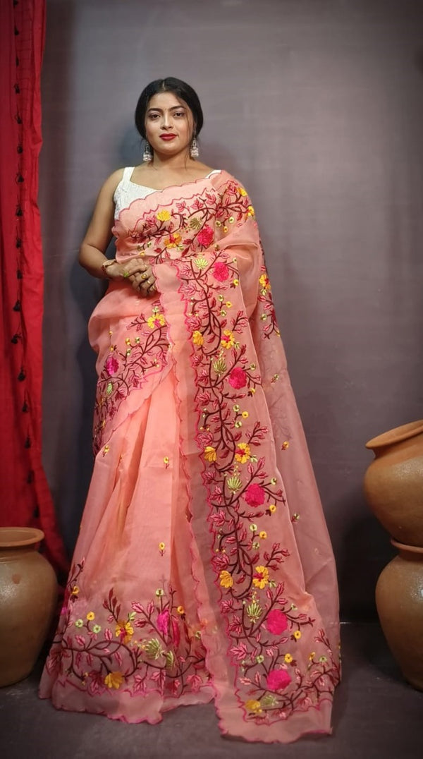 Peach color organza embroidery saree