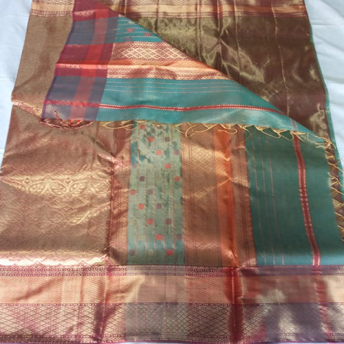 Light brown with multi color sausar cotton tissue saree - Sarikart Online