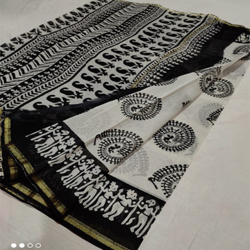 Black & white1 print Chanderi cotton silk saree with hand block print