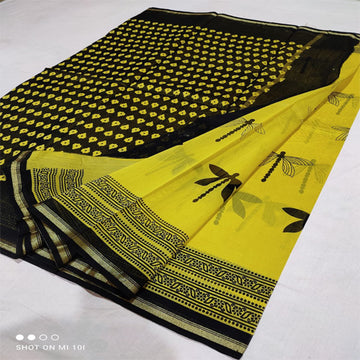 Yellow color barly print Chanderi cotton silk saree with hand block print