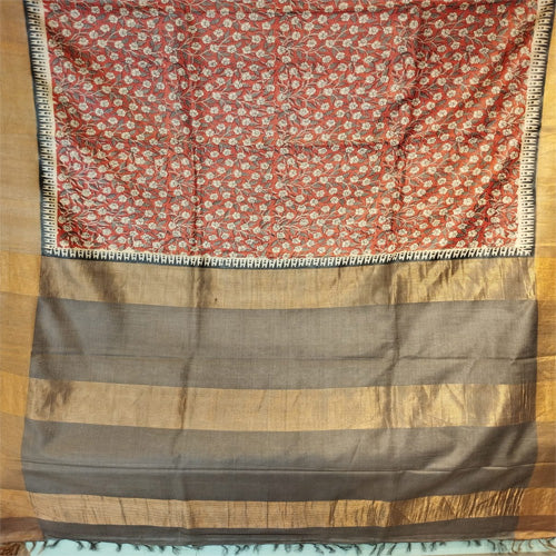 Brown body with floral hand block print Kosa silk saree - Sarikart Online