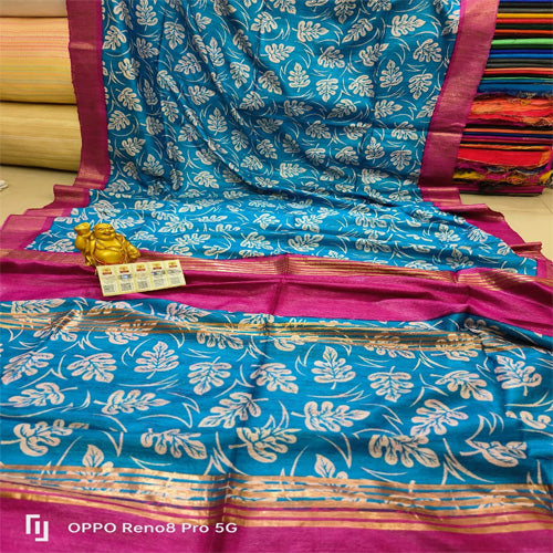 Blue Ghicha with pink border tusar ghicha saree - Sarikart Online