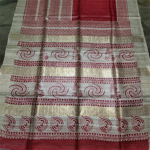 Beige body with beige & golden border tusar ghicha saree - Sarikart Online