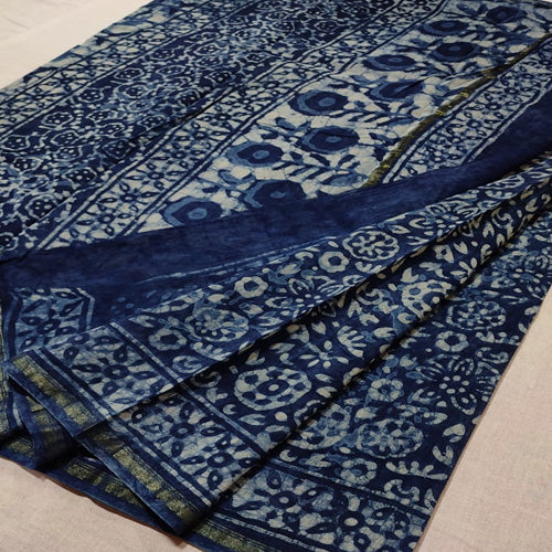 Indigo print Chanderi cotton silk saree with hand block print2